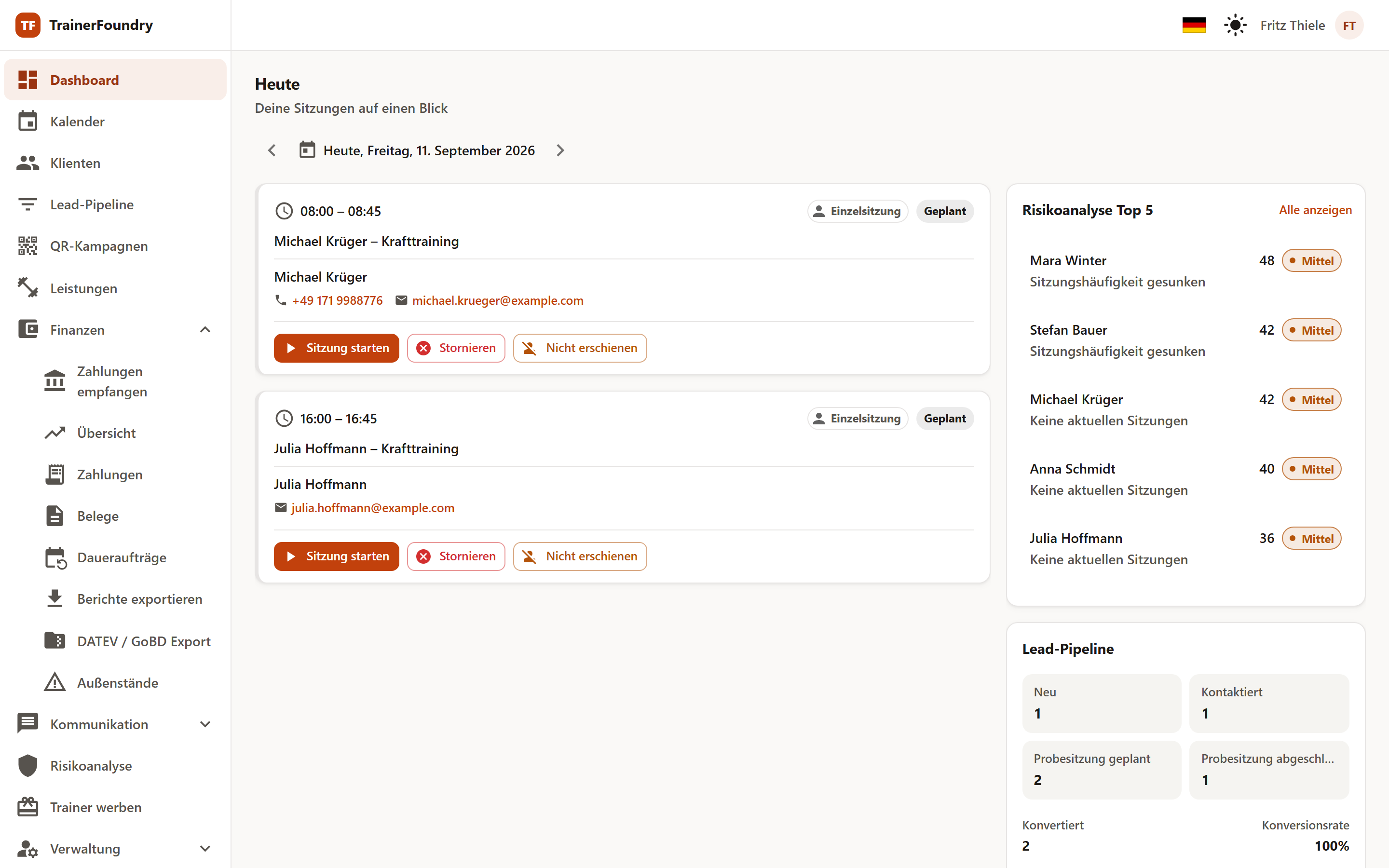 TrainerFoundry Dashboard: Tagesagenda, Lead-Pipeline und Risiko-Übersicht auf einen Blick