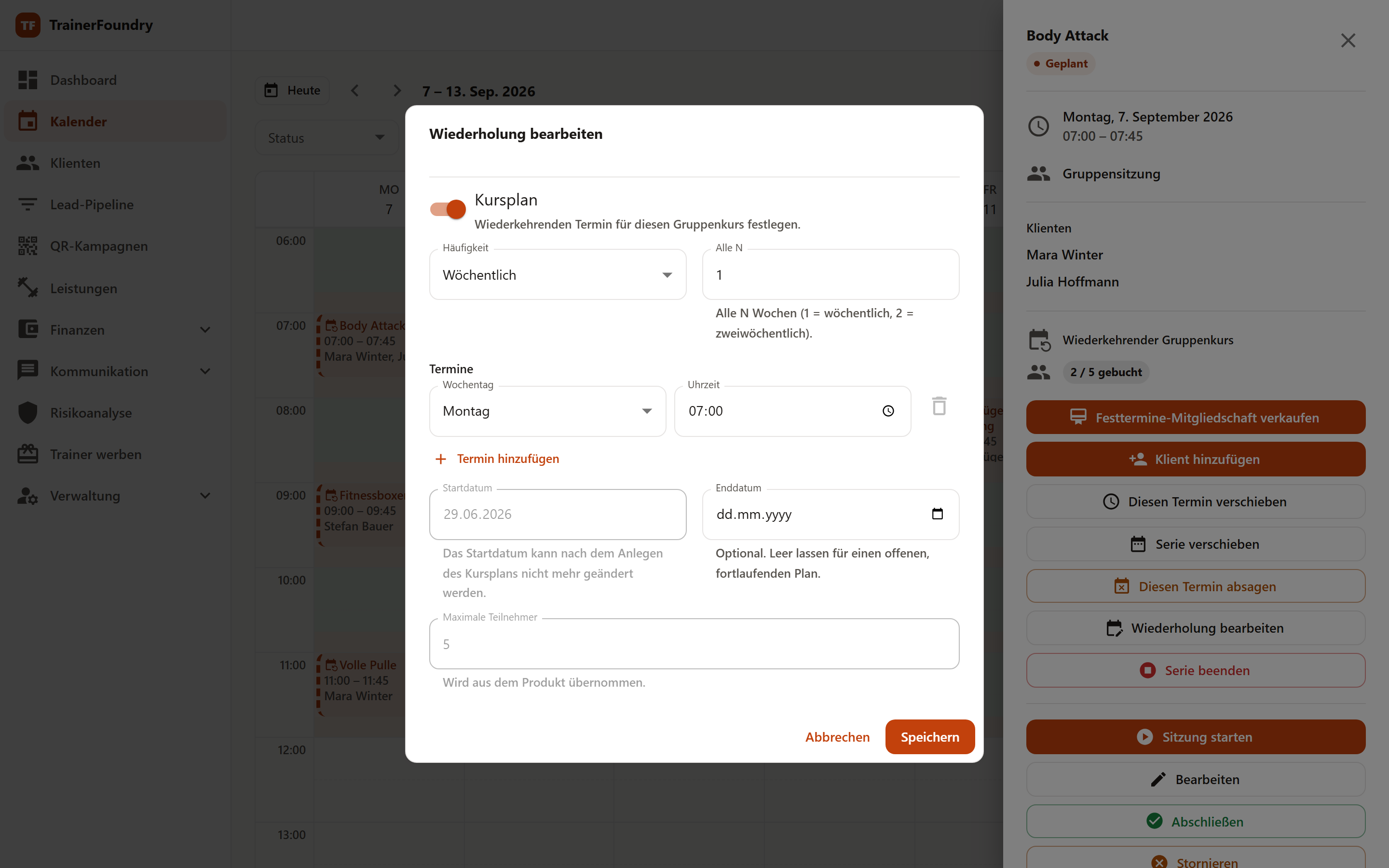 Das Kursplan-Formular einer Trainingsart mit Frequenz, Wochentagen, Uhrzeiten und Kapazität.
