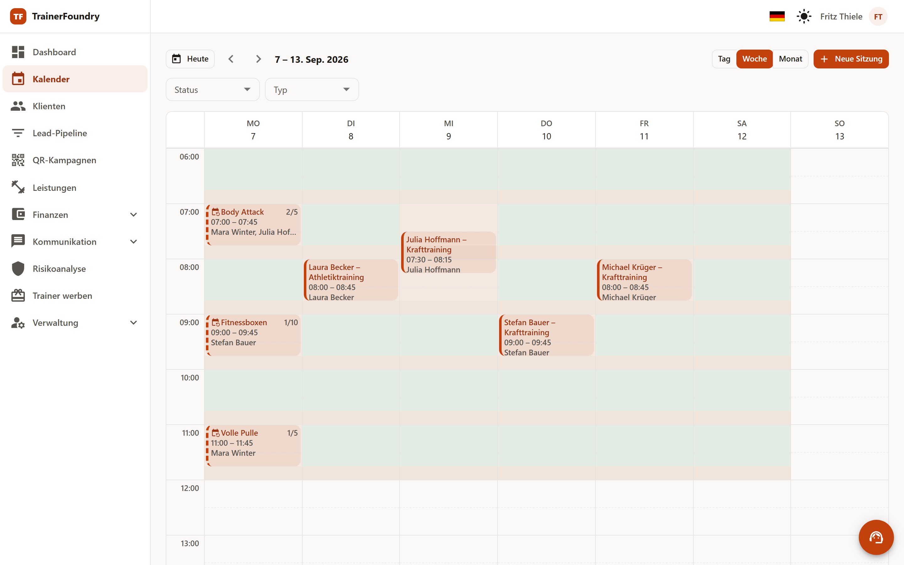 Screenshot: Wochenkalender mit Sessions