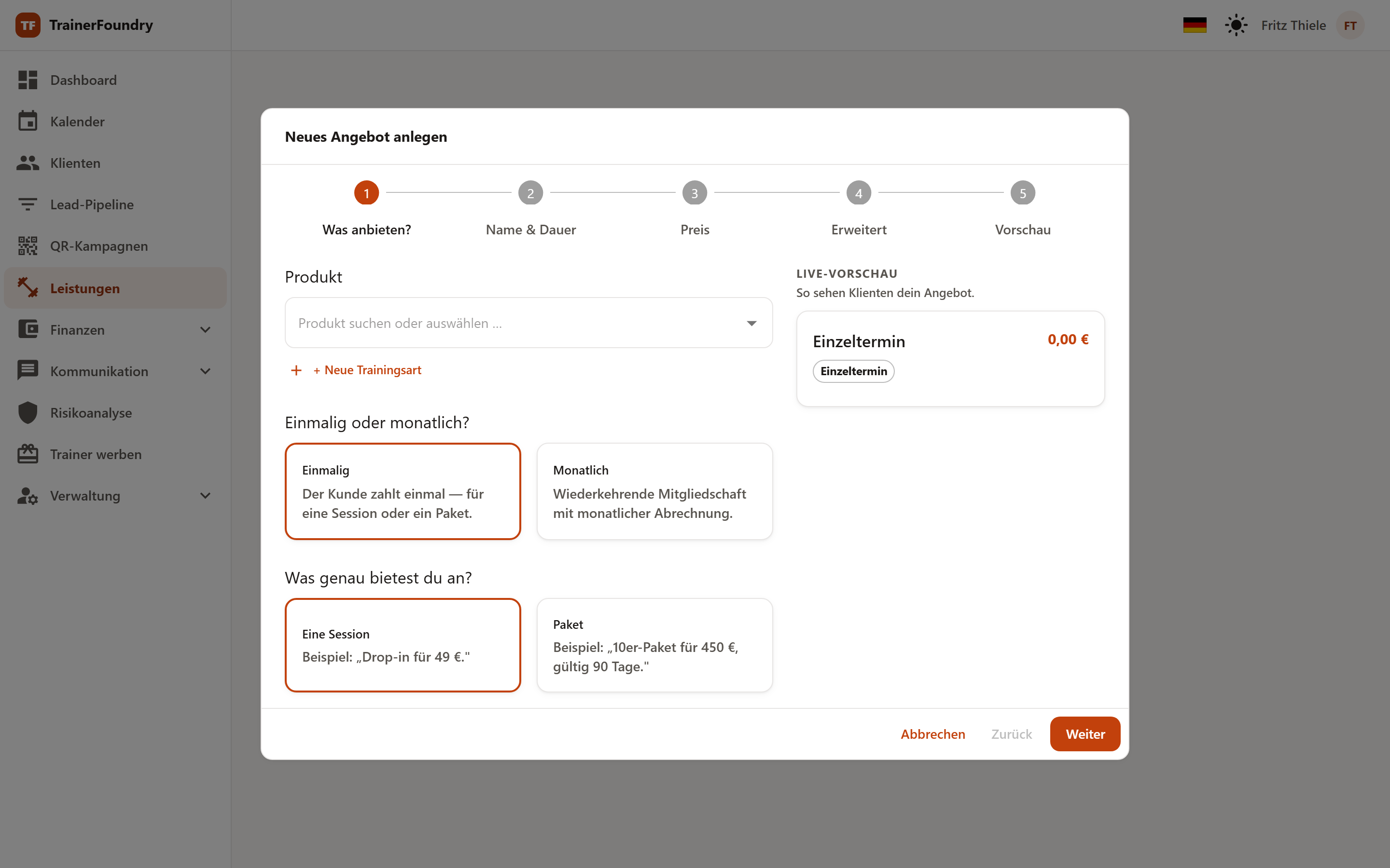 Der Angebots-Assistent in TrainerFoundry mit der Auswahl der Angebotsvariante und der Live-Vorschau.