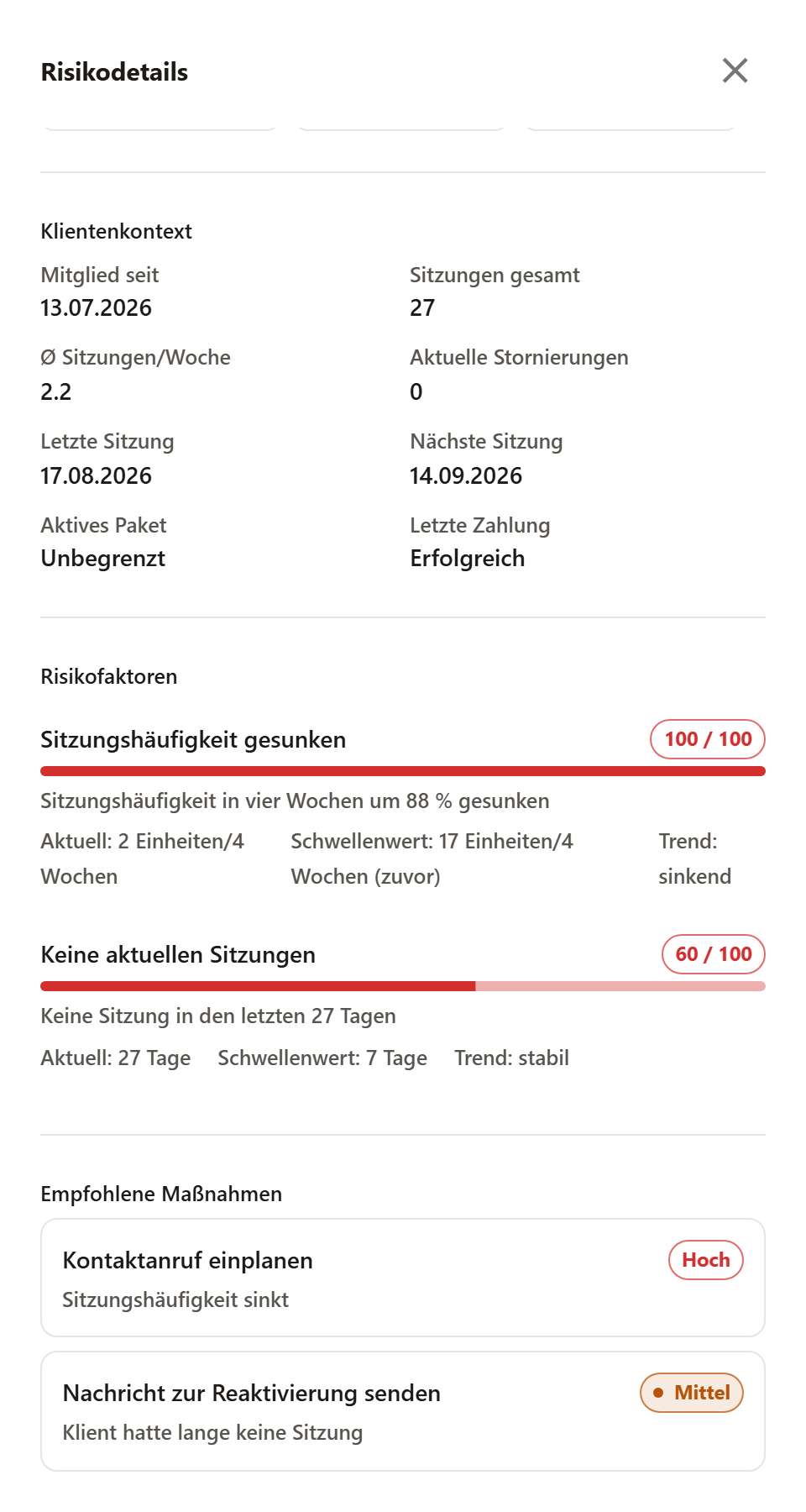 Die Detailleiste weiter unten gescrollt: die Risikofaktoren und darunter der Abschnitt „Empfohlene Maßnahmen“ mit zwei Vorschlägen und den Prioritäten Hoch und Mittel.