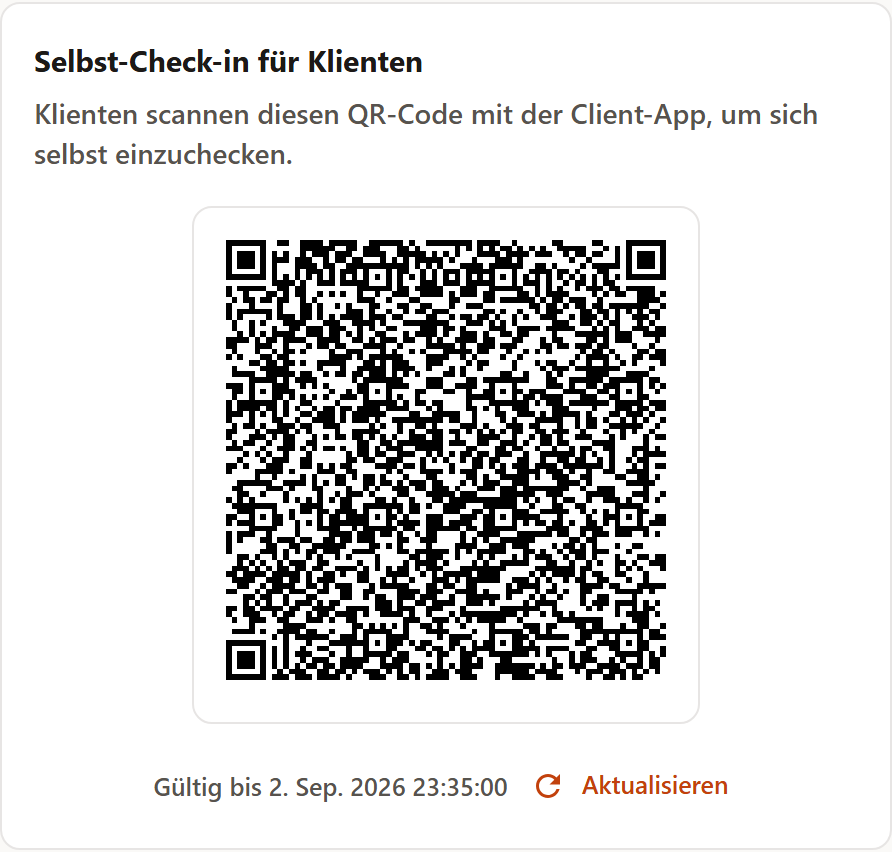 Der Bereich „Selbst-Check-in für Klienten“ mit QR-Code, Gültigkeitsdauer und der Schaltfläche Aktualisieren.