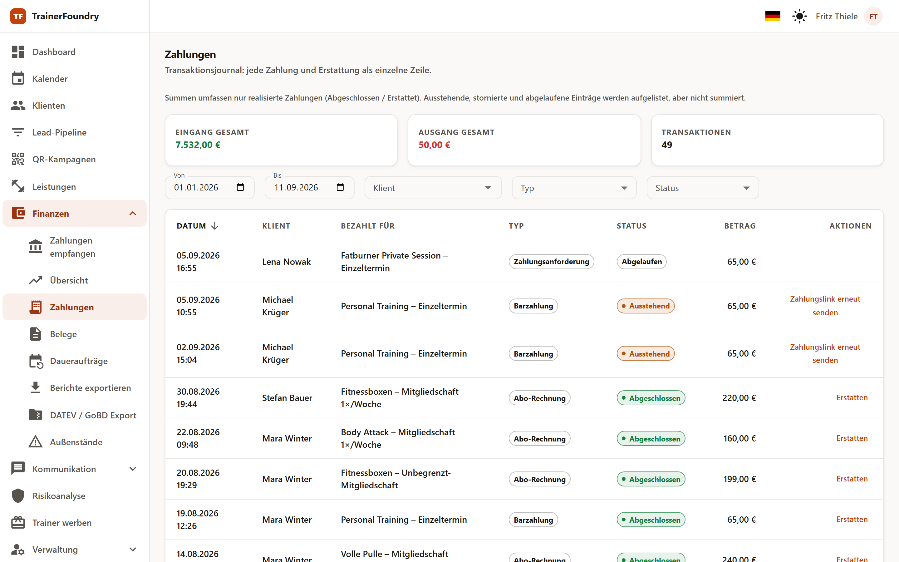 Screenshot: Zahlungsjournal mit Stripe-Zahlungen