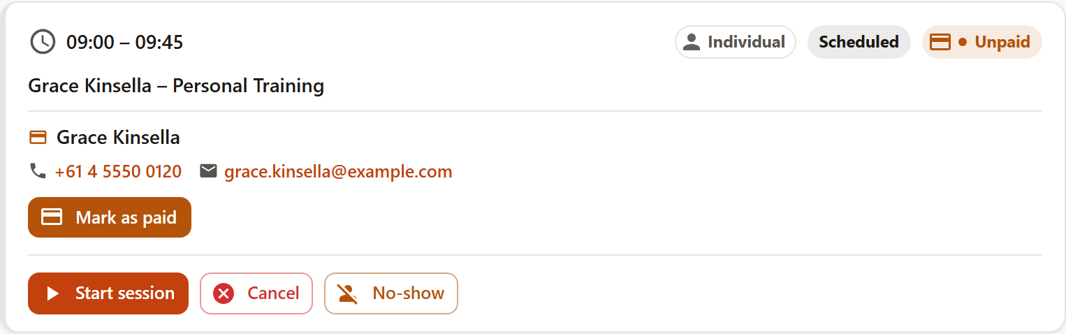 A session card with the “Unpaid” badge, the marked client, and the “Mark as paid” button.
