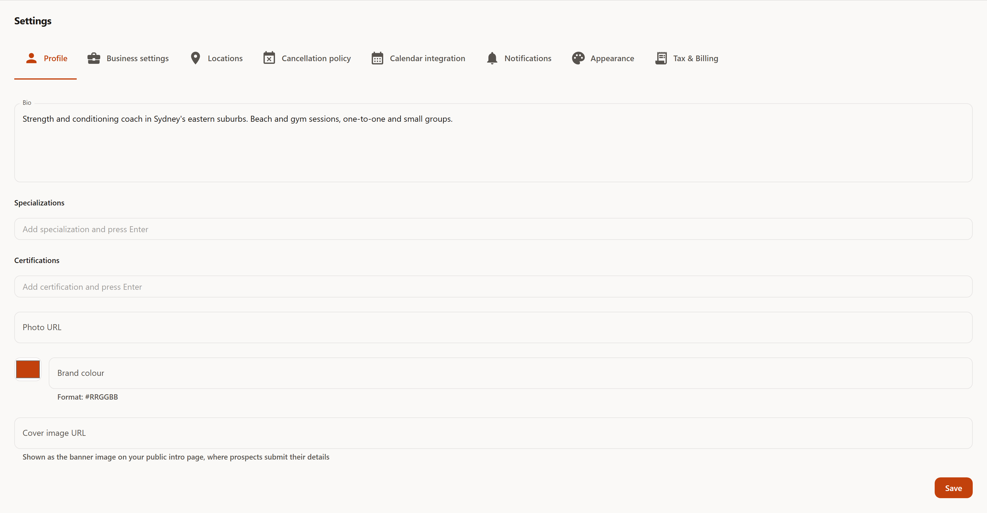 The Profile tab with the Bio, Specializations and Certifications fields as chips, Photo URL, brand colour with a colour picker, and Cover image URL.
