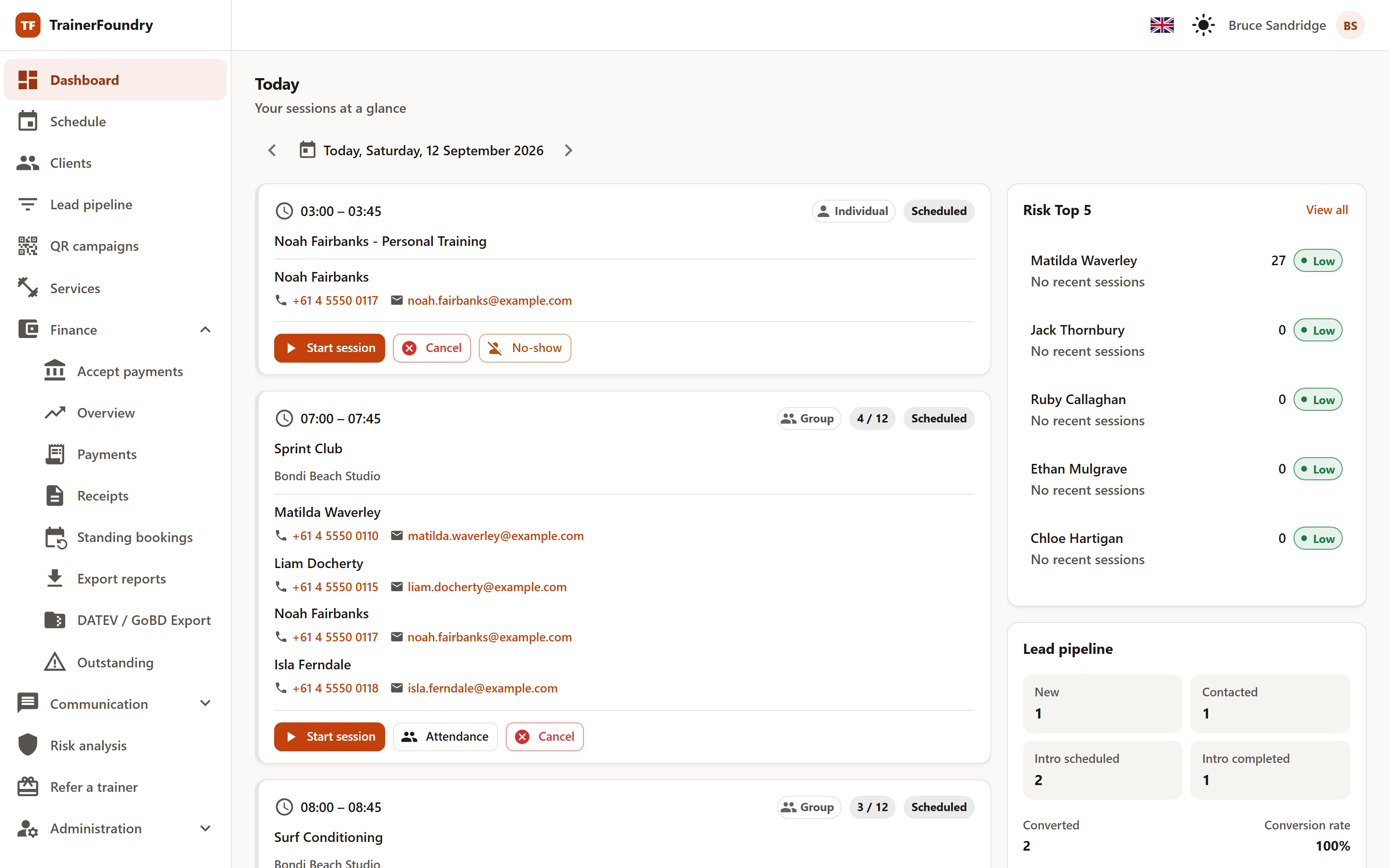 The app with the sidebar expanded: Dashboard, Schedule, Clients, Lead pipeline, QR campaigns, Services, the open Finance group with its seven entries, then Communication, Risk analysis, Refer a trainer and Administration. Top right: language, theme and the profile menu.