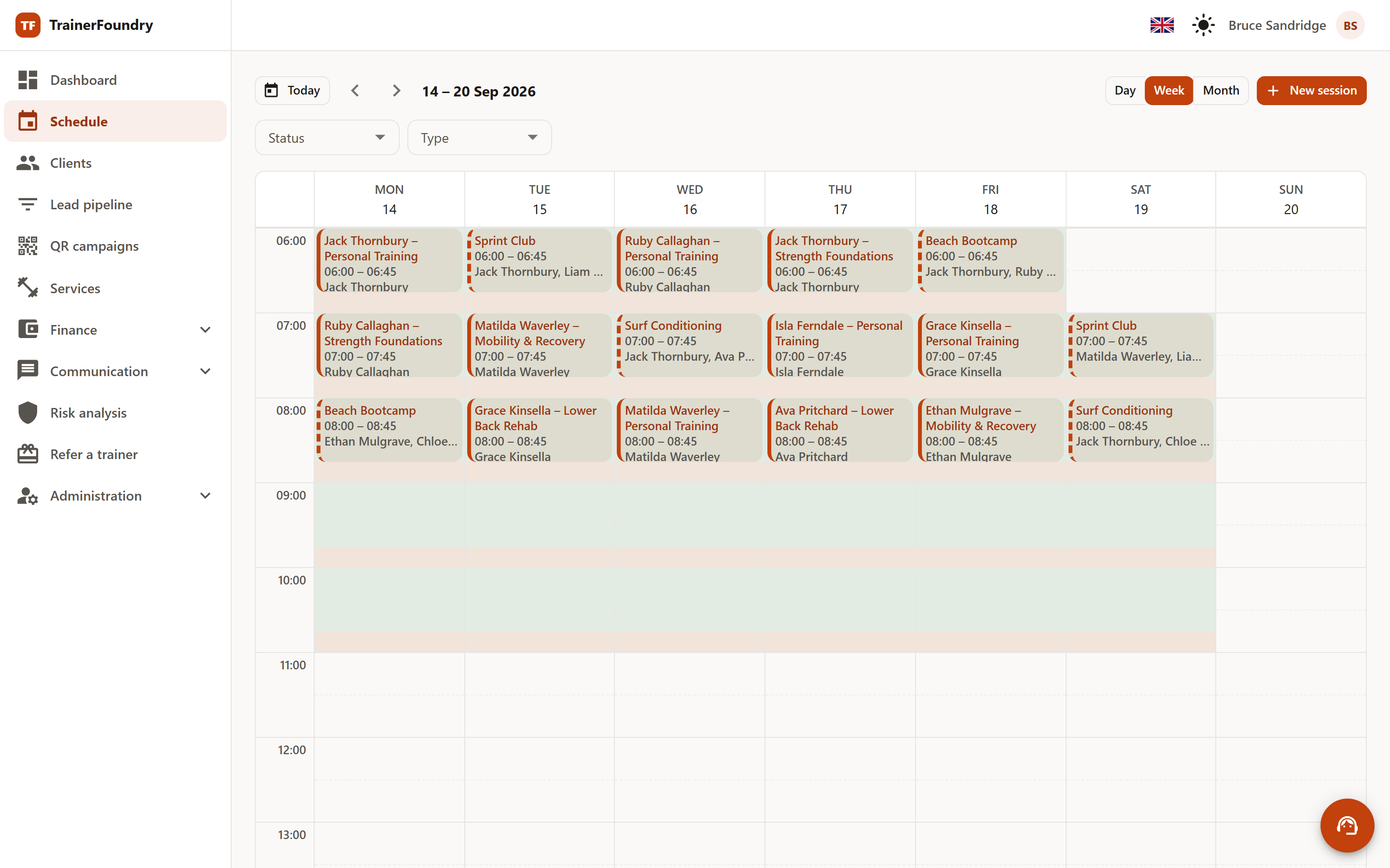 Screenshot: weekly calendar with sessions