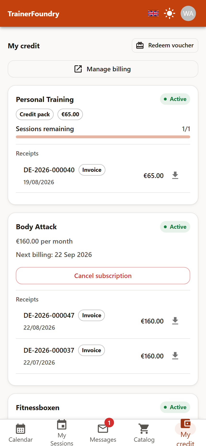 The “My credit” tab with two active memberships showing monthly price, next billing date and a “Cancel subscription” action, plus a downloadable invoice for each, and a package below as a punch-card.