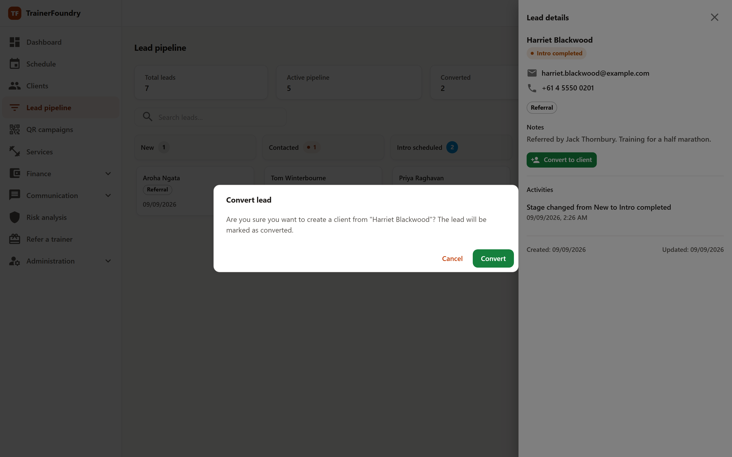 The “Convert lead” dialog confirming whether the person should really be created as a client.