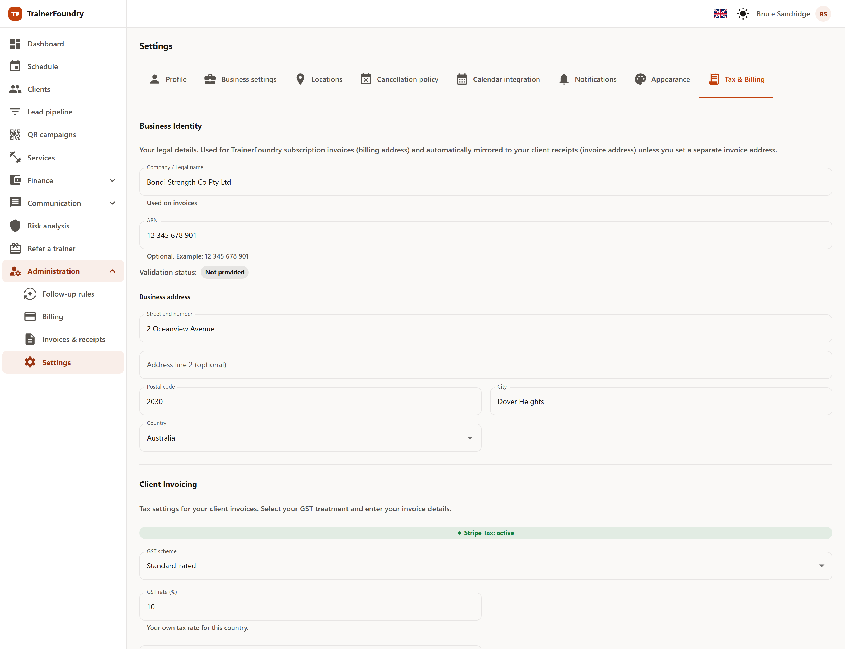 The tax settings with the tax-ID validation status, the business address and, below, the start of the Client Invoicing section: the note 'Stripe Tax: active' and the Standard-rated tax scheme.